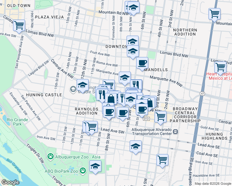 map of restaurants, bars, coffee shops, grocery stores, and more near 723 8th Street Northwest in Albuquerque