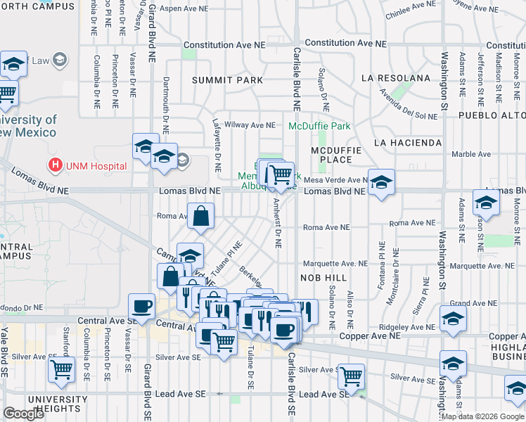 map of restaurants, bars, coffee shops, grocery stores, and more near 610 Tulane Drive Northeast in Albuquerque