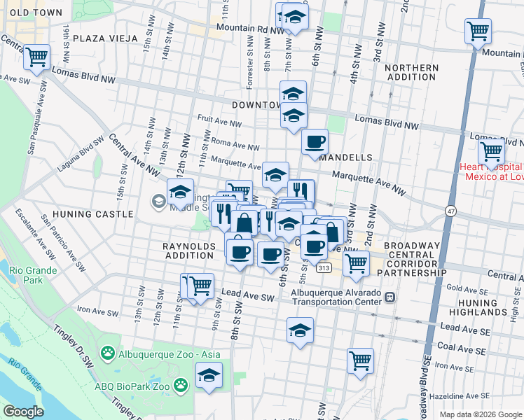 map of restaurants, bars, coffee shops, grocery stores, and more near 723 8th Street Northwest in Albuquerque