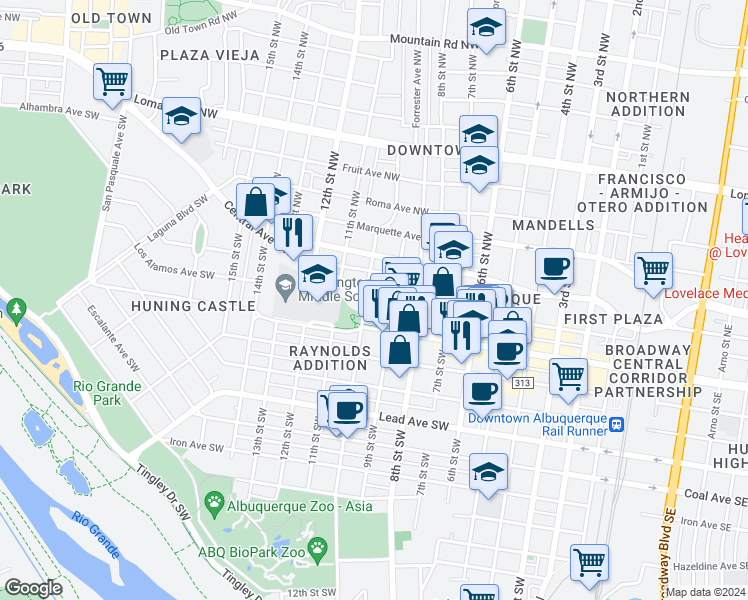 map of restaurants, bars, coffee shops, grocery stores, and more near 903 Copper Avenue Northwest in Albuquerque