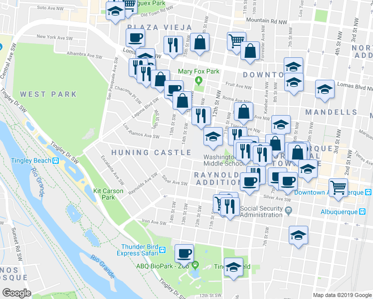 map of restaurants, bars, coffee shops, grocery stores, and more near 223 14th Street Southwest in Albuquerque