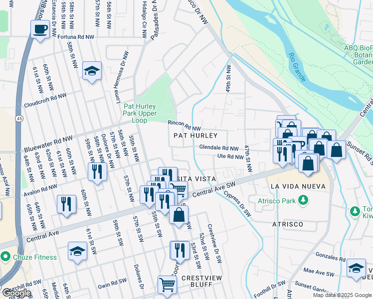 map of restaurants, bars, coffee shops, grocery stores, and more near 5100 Glendale Road Northwest in Albuquerque
