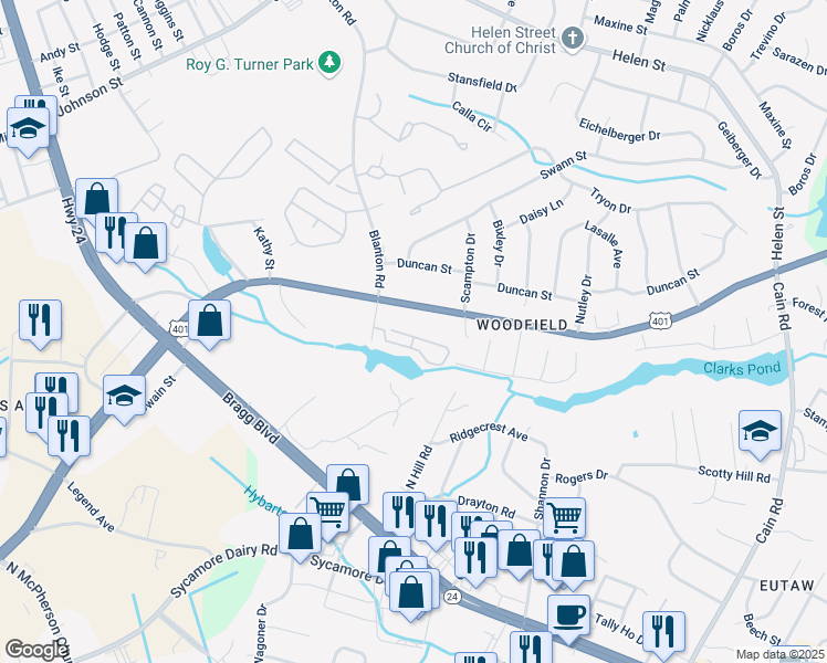 map of restaurants, bars, coffee shops, grocery stores, and more near 3374 Galleria Drive in Fayetteville