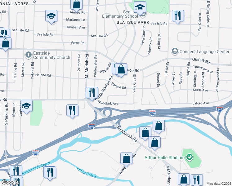 map of restaurants, bars, coffee shops, grocery stores, and more near 5100 Whiteway Drive in Memphis