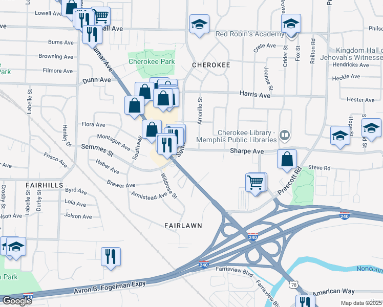 map of restaurants, bars, coffee shops, grocery stores, and more near 3069 Sharpe Avenue in Memphis