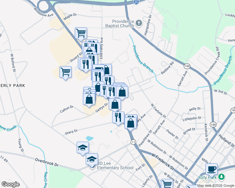 map of restaurants, bars, coffee shops, grocery stores, and more near 100 Beltline Rd in Gaffney