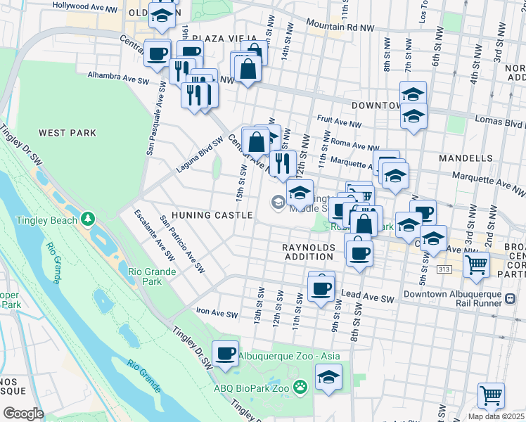map of restaurants, bars, coffee shops, grocery stores, and more near 223 14th Street Southwest in Albuquerque
