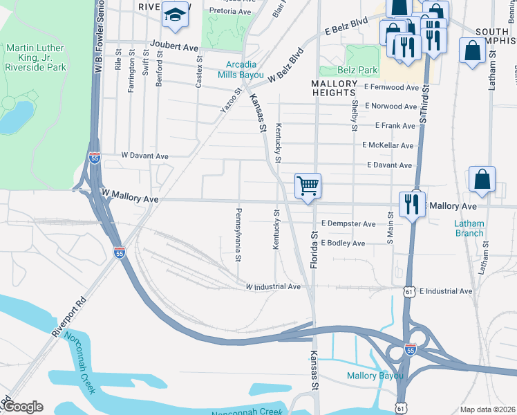 map of restaurants, bars, coffee shops, grocery stores, and more near 95 West Mallory Avenue in Memphis