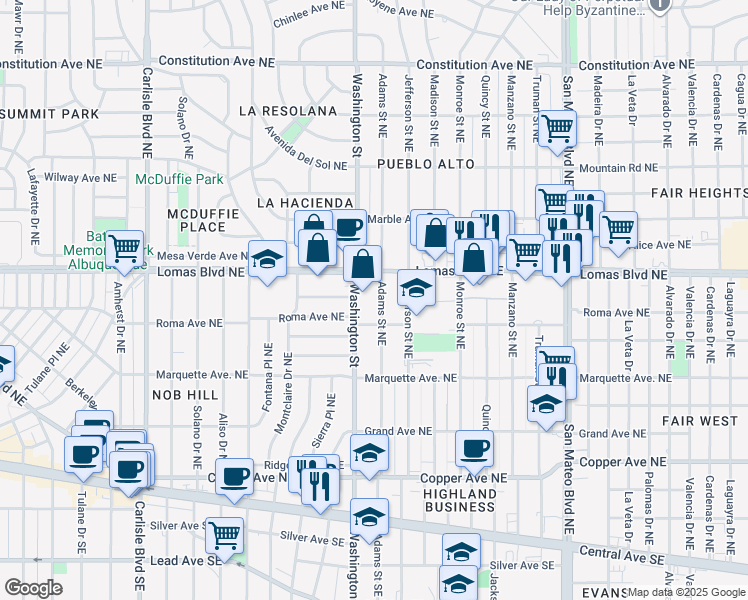 map of restaurants, bars, coffee shops, grocery stores, and more near 521 Adams Street Northeast in Albuquerque