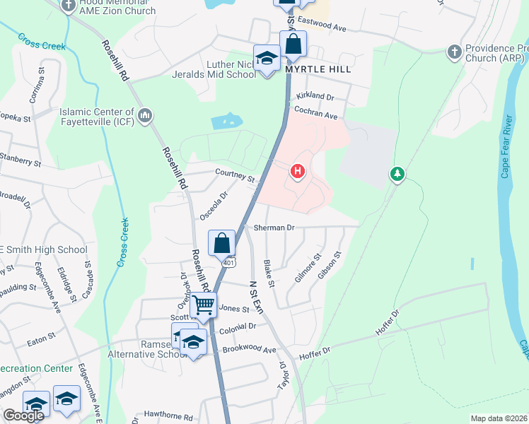 map of restaurants, bars, coffee shops, grocery stores, and more near 2013 Blake Street in Fayetteville