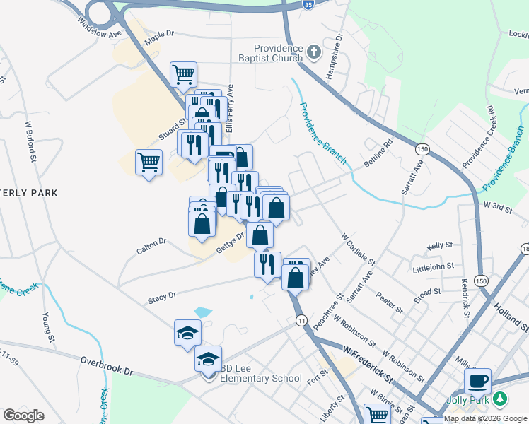 map of restaurants, bars, coffee shops, grocery stores, and more near 100 Beltline Rd in Gaffney