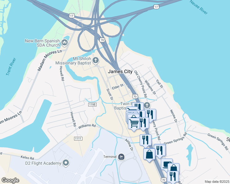 map of restaurants, bars, coffee shops, grocery stores, and more near 603 Brooks Drive in New Bern