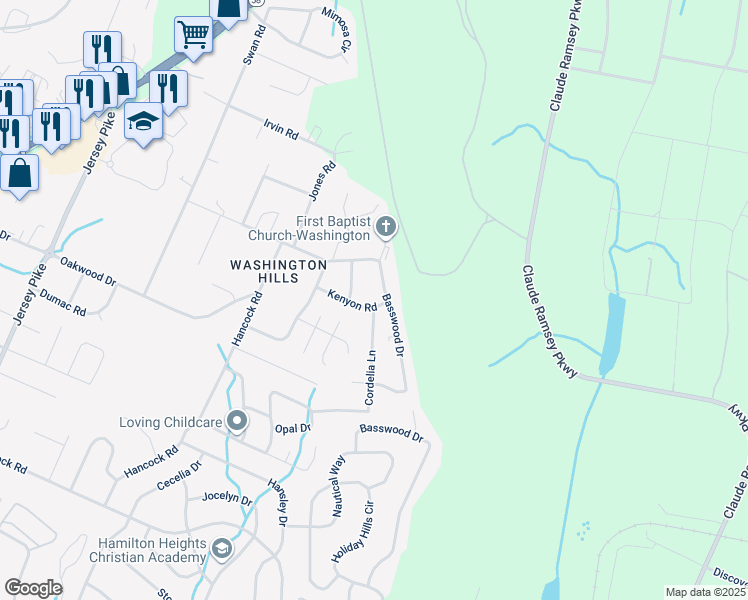 map of restaurants, bars, coffee shops, grocery stores, and more near 5607 Kenyon Road in Chattanooga