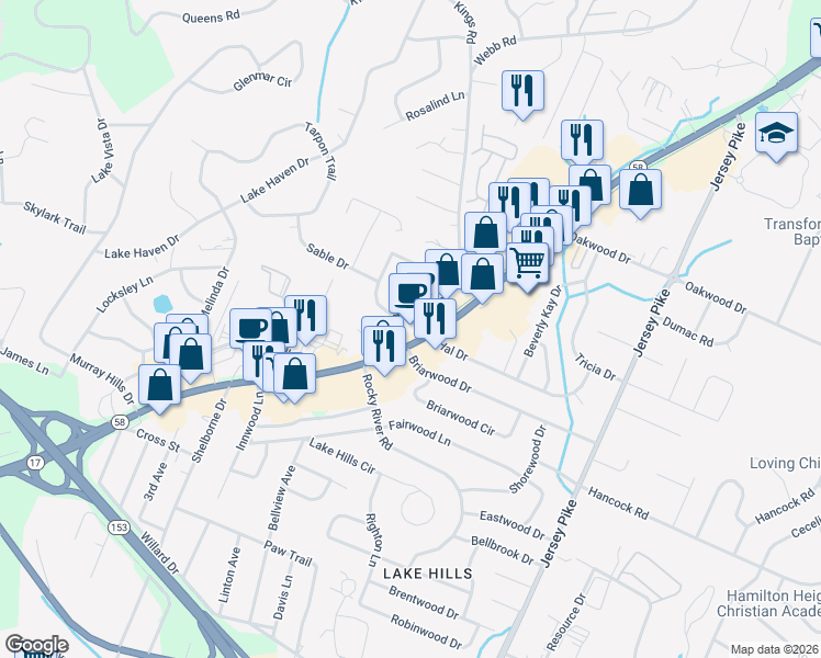 map of restaurants, bars, coffee shops, grocery stores, and more near 4621 Tennessee 58 in Chattanooga
