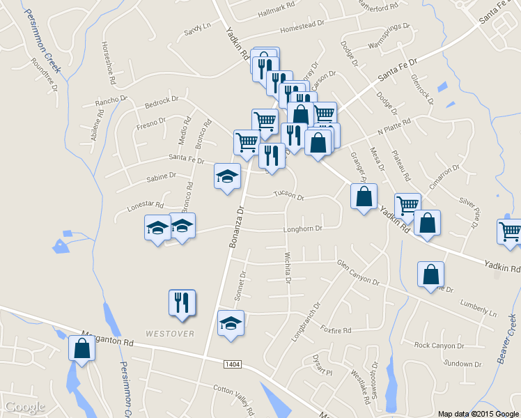 map of restaurants, bars, coffee shops, grocery stores, and more near 309 Cartwright Drive in Fayetteville