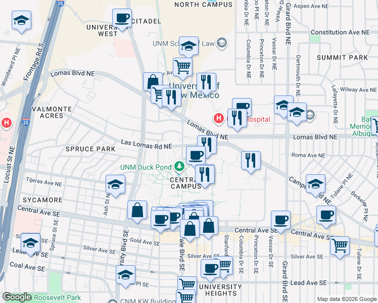 map of restaurants, bars, coffee shops, grocery stores, and more near 1900 Roma Avenue Northeast in Albuquerque