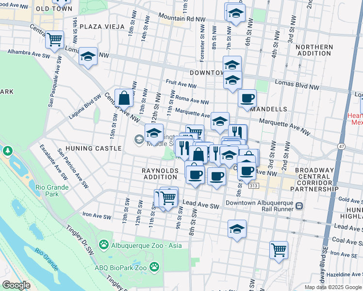 map of restaurants, bars, coffee shops, grocery stores, and more near 903 Copper Avenue Northwest in Albuquerque