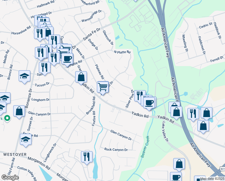 map of restaurants, bars, coffee shops, grocery stores, and more near 5337 Plateau Ct in Fayetteville