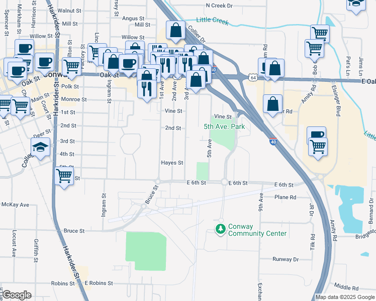 map of restaurants, bars, coffee shops, grocery stores, and more near 510 3rd Avenue in Conway