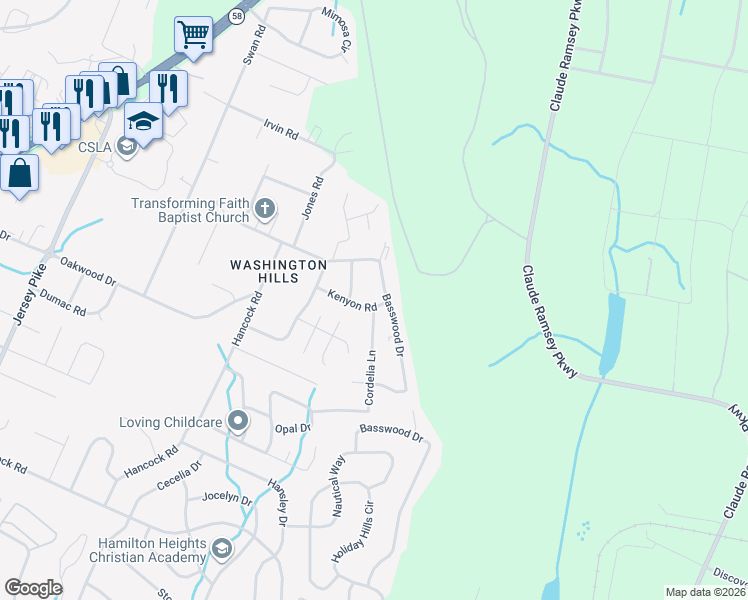 map of restaurants, bars, coffee shops, grocery stores, and more near 5607 Kenyon Road in Chattanooga