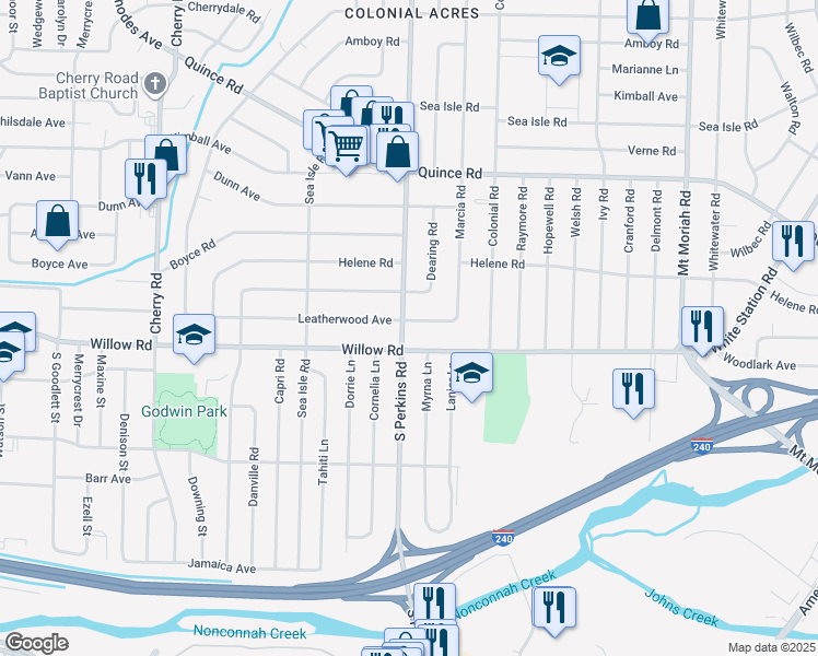 map of restaurants, bars, coffee shops, grocery stores, and more near 1656 South Perkins Road in Memphis