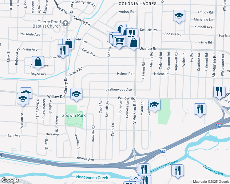 map of restaurants, bars, coffee shops, grocery stores, and more near 4563 Leatherwood Avenue in Memphis