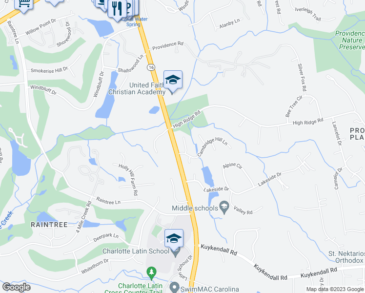 map of restaurants, bars, coffee shops, grocery stores, and more near 8932 Providence Estates Court in Charlotte