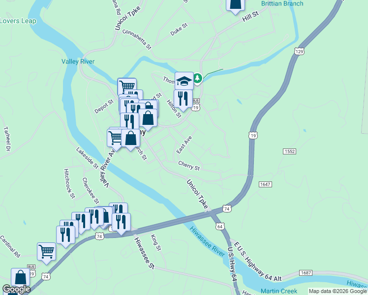 map of restaurants, bars, coffee shops, grocery stores, and more near 16 Boulevard Street in Murphy