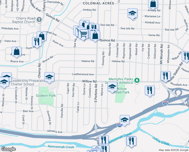 map of restaurants, bars, coffee shops, grocery stores, and more near 1656 South Perkins Road in Memphis