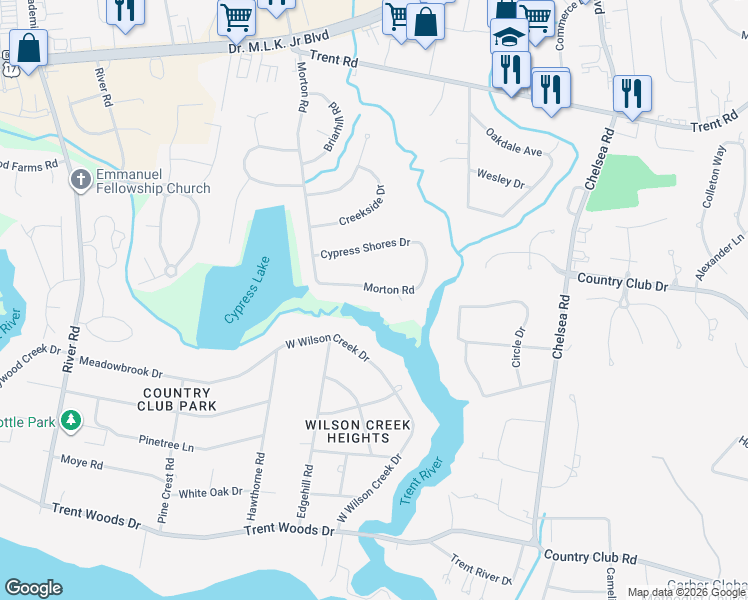 map of restaurants, bars, coffee shops, grocery stores, and more near 4913 Morton Road in New Bern