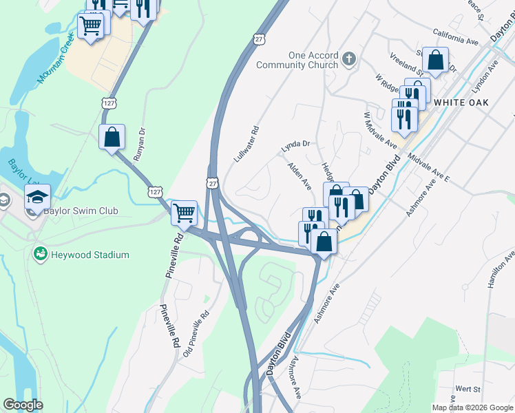 map of restaurants, bars, coffee shops, grocery stores, and more near 203 Lullwater Road in Chattanooga
