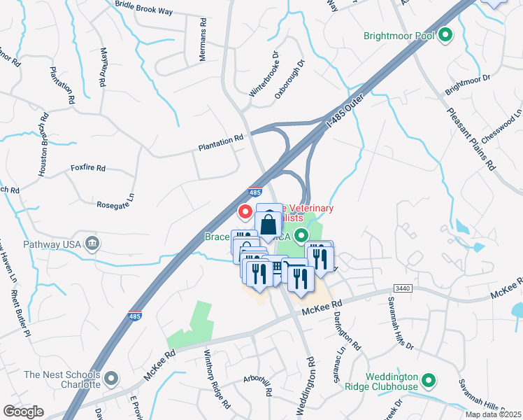map of restaurants, bars, coffee shops, grocery stores, and more near 2404 Plantation Center Drive in Matthews