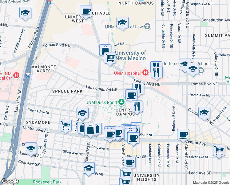 map of restaurants, bars, coffee shops, grocery stores, and more near 1 University Boulevard Northeast in Albuquerque