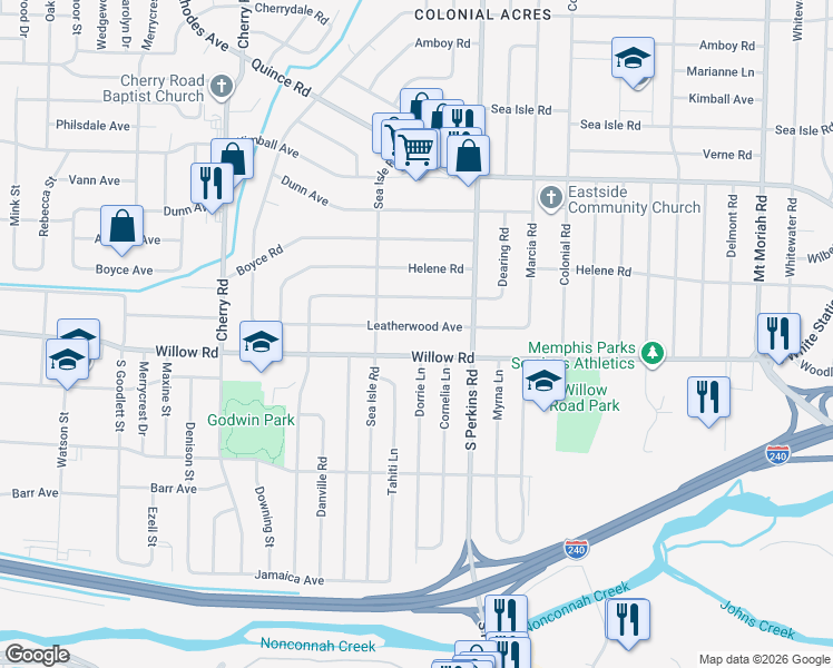 map of restaurants, bars, coffee shops, grocery stores, and more near 4563 Leatherwood Avenue in Memphis