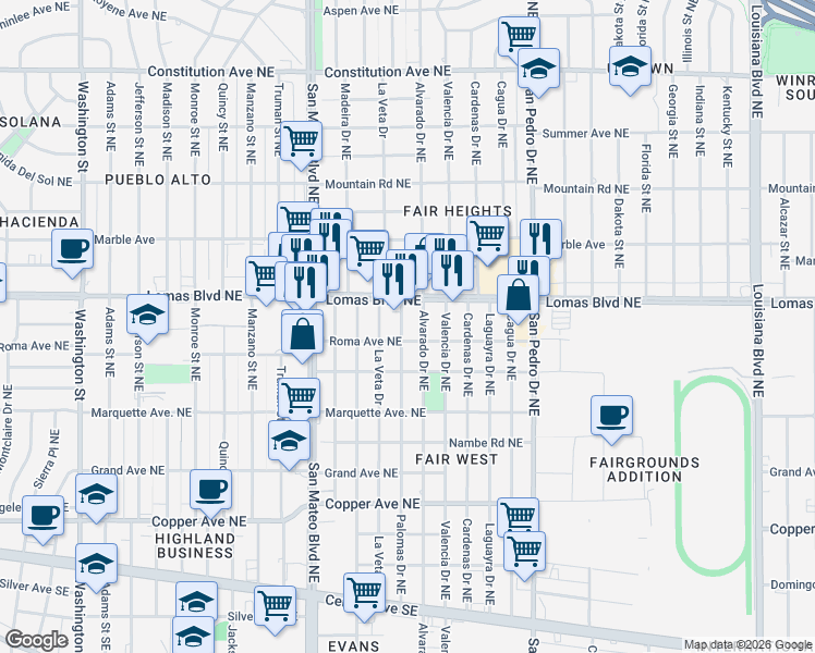 map of restaurants, bars, coffee shops, grocery stores, and more near 908 Palomas Drive Northeast in Albuquerque