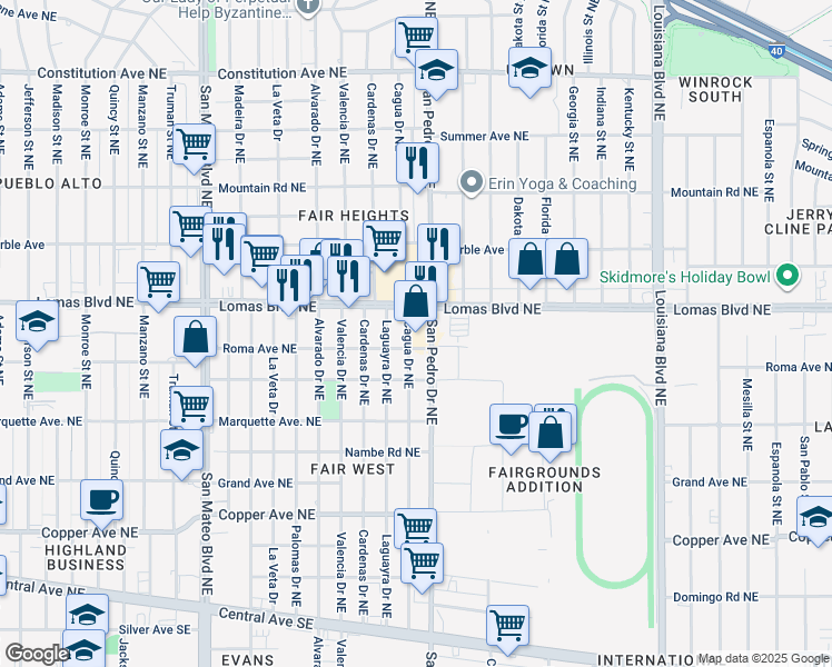map of restaurants, bars, coffee shops, grocery stores, and more near 908 Cagua Drive Northeast in Albuquerque