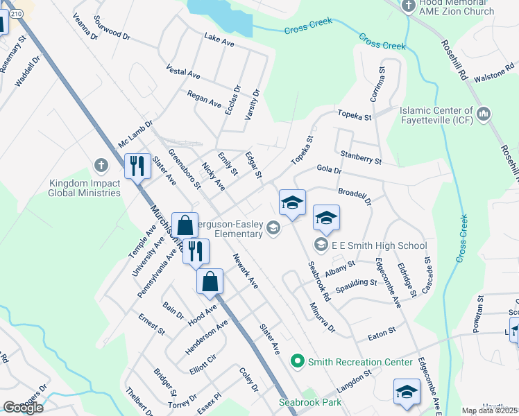 map of restaurants, bars, coffee shops, grocery stores, and more near 2102 Arthur Street in Fayetteville