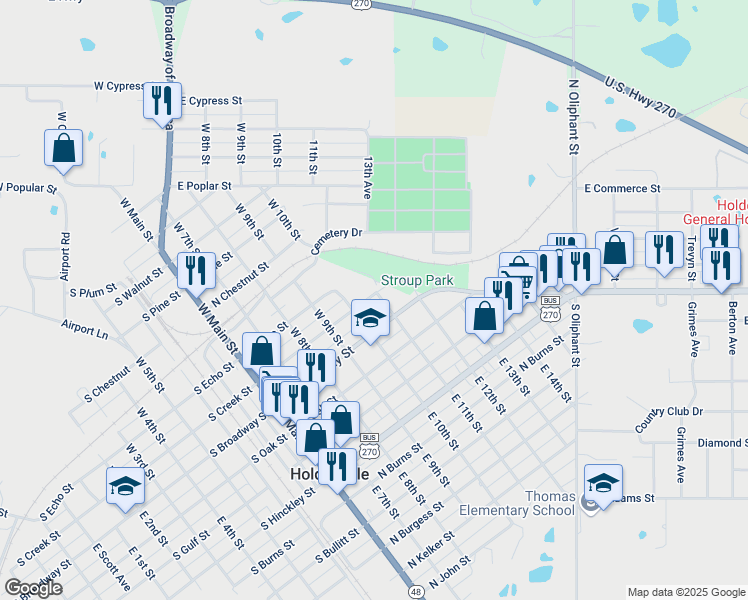 map of restaurants, bars, coffee shops, grocery stores, and more near 124 West 11th Street in Holdenville