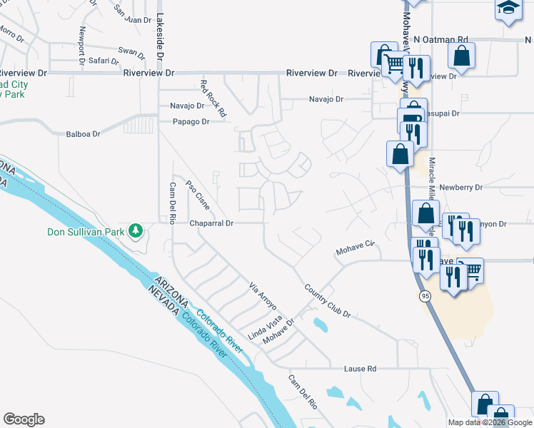 map of restaurants, bars, coffee shops, grocery stores, and more near 2424 Stonebridge Drive in Bullhead City