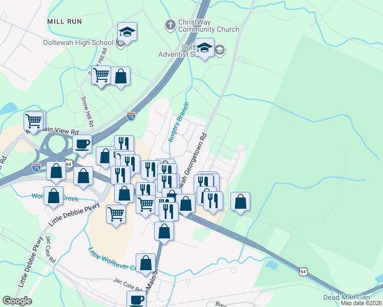 map of restaurants, bars, coffee shops, grocery stores, and more near 6041 Ooltewah Georgetown Road in Ooltewah