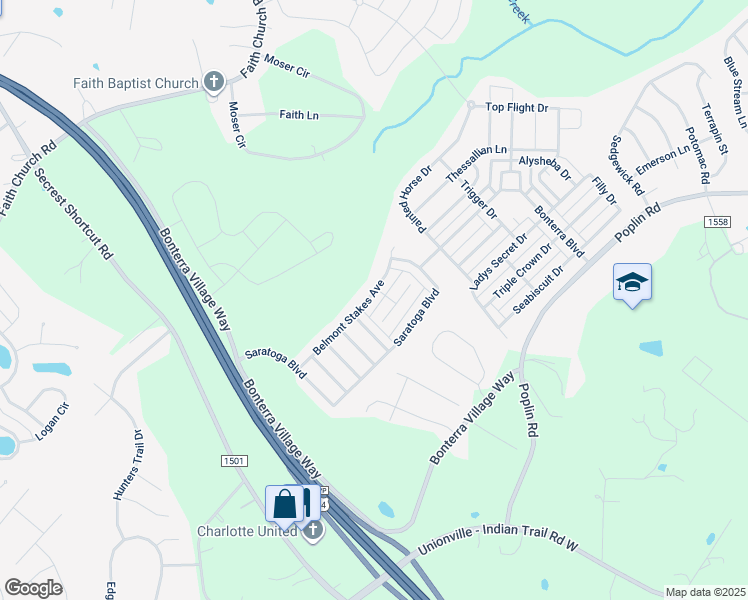 map of restaurants, bars, coffee shops, grocery stores, and more near 1406 Belmont Stakes Avenue in Indian Trail