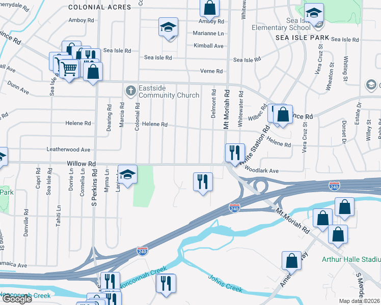 map of restaurants, bars, coffee shops, grocery stores, and more near 1649 Ivy Road in Memphis