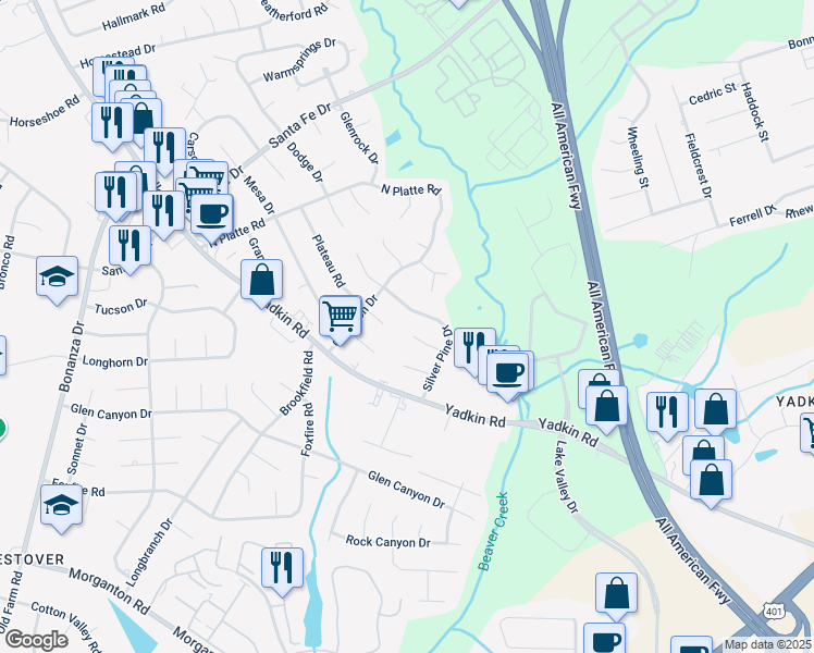 map of restaurants, bars, coffee shops, grocery stores, and more near 5324 Trampas Court in Fayetteville