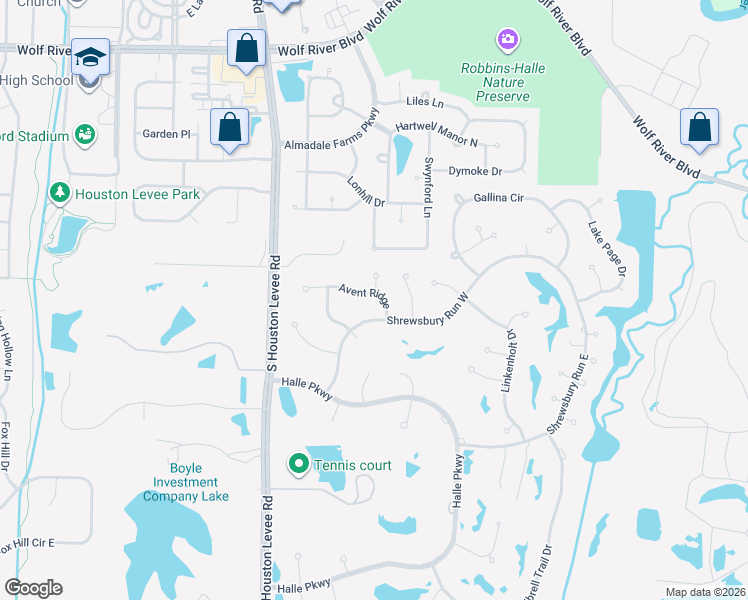 map of restaurants, bars, coffee shops, grocery stores, and more near 10139 Avent Ridge in Collierville