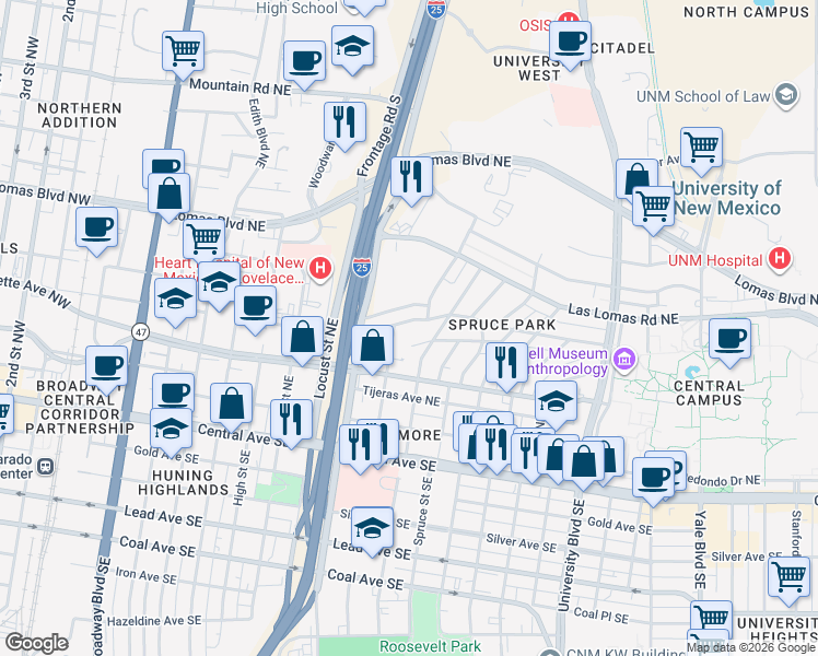 map of restaurants, bars, coffee shops, grocery stores, and more near 1108 Roma Avenue Northeast in Albuquerque