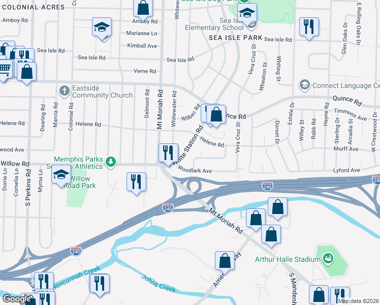 map of restaurants, bars, coffee shops, grocery stores, and more near 1672 South White Station Road in Memphis