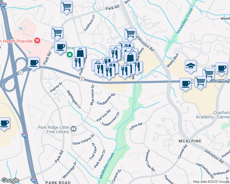 map of restaurants, bars, coffee shops, grocery stores, and more near 8332 Castlekeep Road in Charlotte