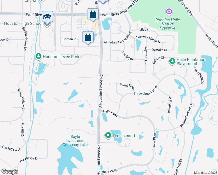 map of restaurants, bars, coffee shops, grocery stores, and more near 10049 Avent Ridge Cove in Collierville