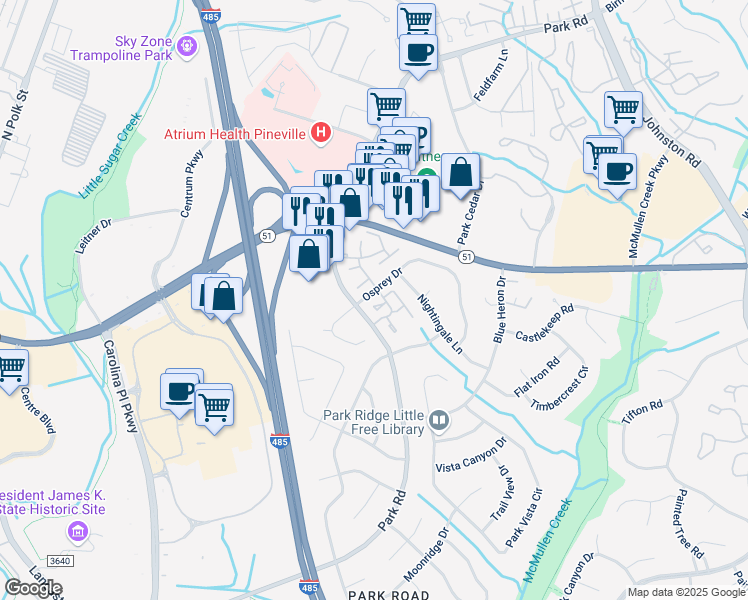 map of restaurants, bars, coffee shops, grocery stores, and more near 10506 Osprey Drive in Charlotte