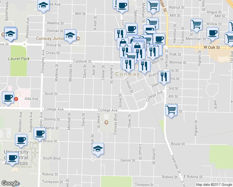 map of restaurants, bars, coffee shops, grocery stores, and more near 1460 Scott Street in Conway